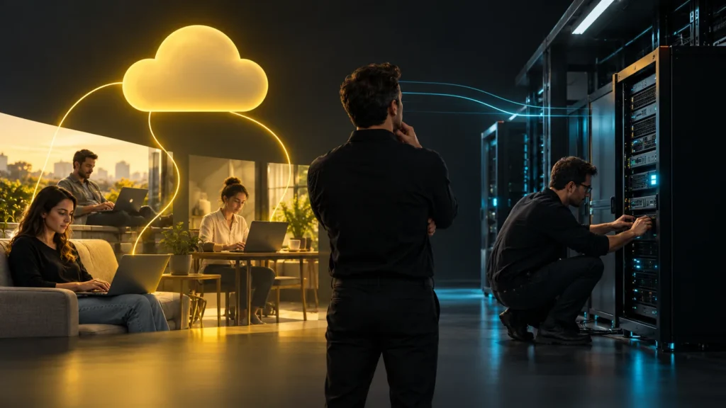 Una nube luminosa sobre puestos de trabajo a la izquierda y servidores físicos a la derecha