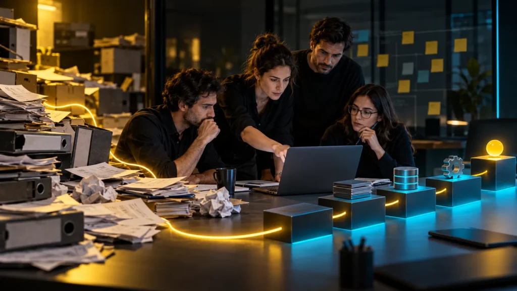 Un equipo revisa una computadora entre carpetas y papeles, junto a módulos de gestión ordenados y conectados