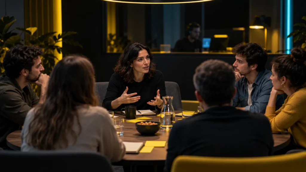 Un grupo conversa alrededor de una mesa con una moderadora y materiales para tomar notas