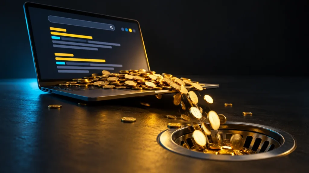Monedas caen desde una computadora con resultados de búsqueda hacia un desagüe