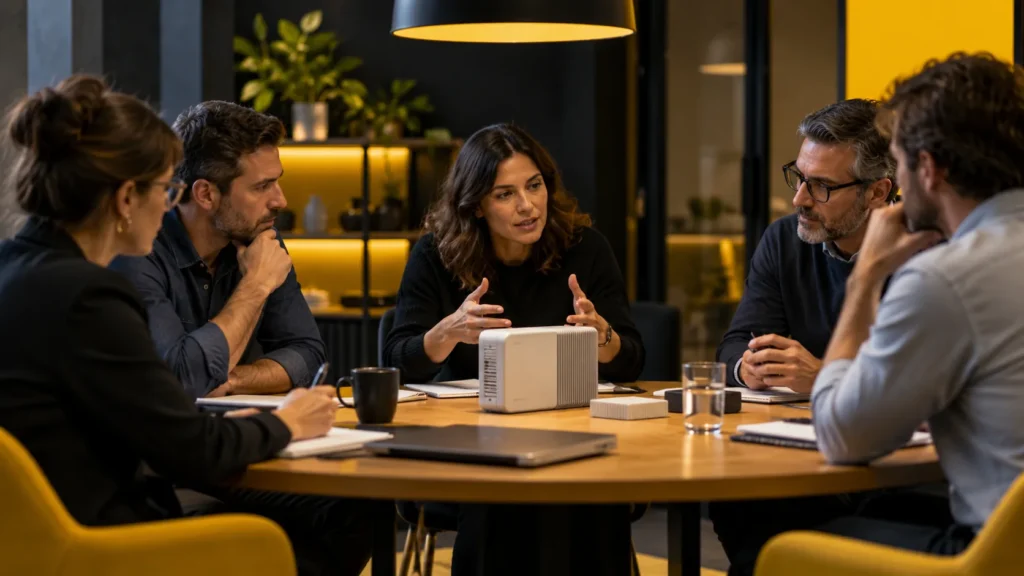 Grupo de profesionales adultos conversando con una persona moderadora alrededor de un prototipo