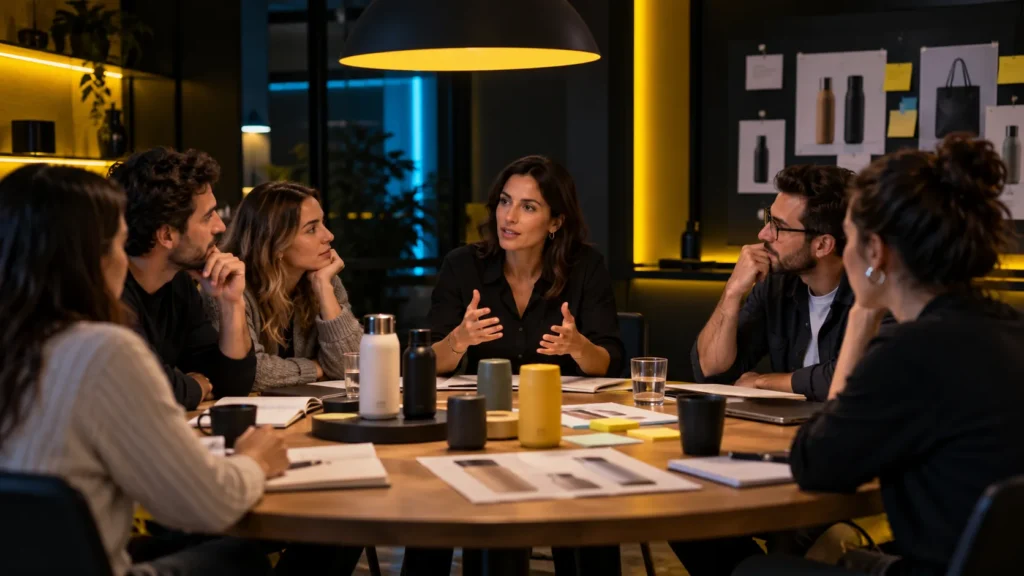 Un grupo de personas conversa alrededor de una mesa con productos y materiales de investigación