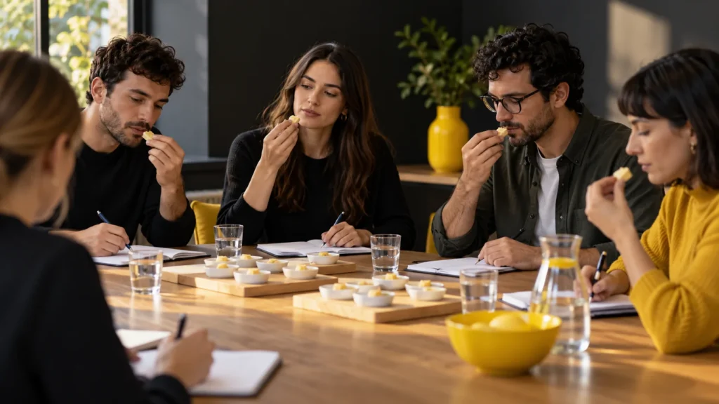 Participantes adultos evaluando muestras de producto sobre una mesa con tarjetas sin texto legible
