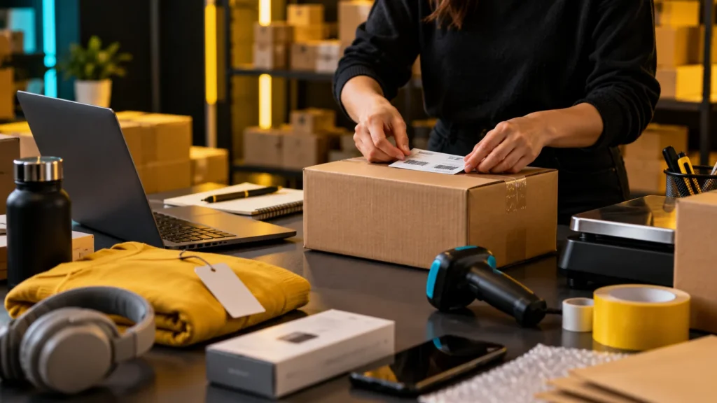 Mesa de preparación de pedidos con cajas y productos de ecommerce en un depósito