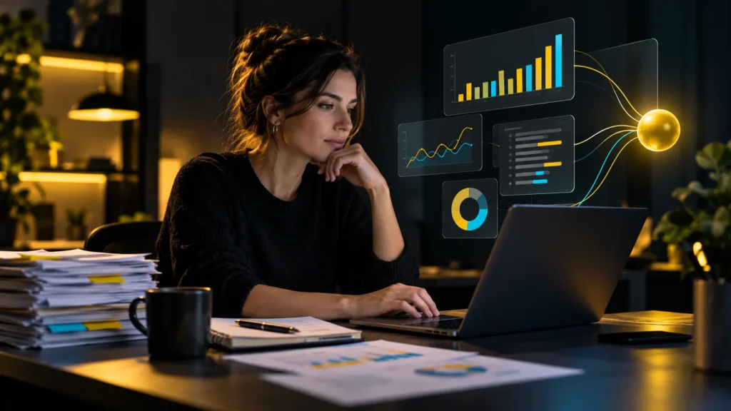 Una persona revisa documentos y una computadora junto a paneles conceptuales de datos y gráficos