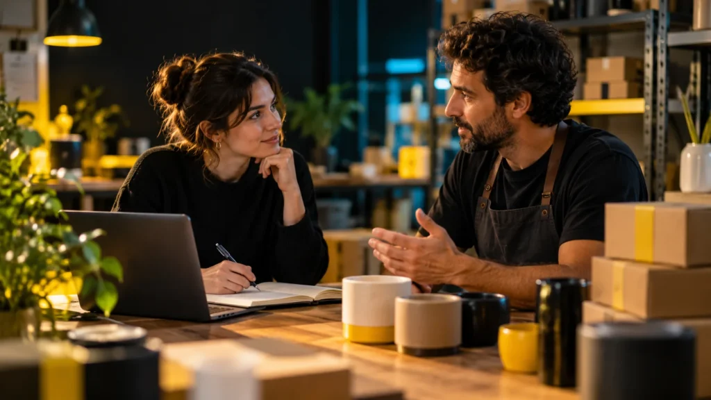Dos personas conversan y toman notas en un comercio junto a productos y paquetes