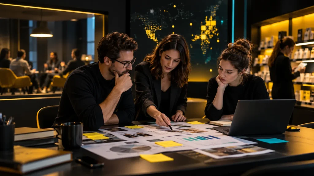 Tres personas revisan documentos, fotografías, gráficos conceptuales y notas de investigación