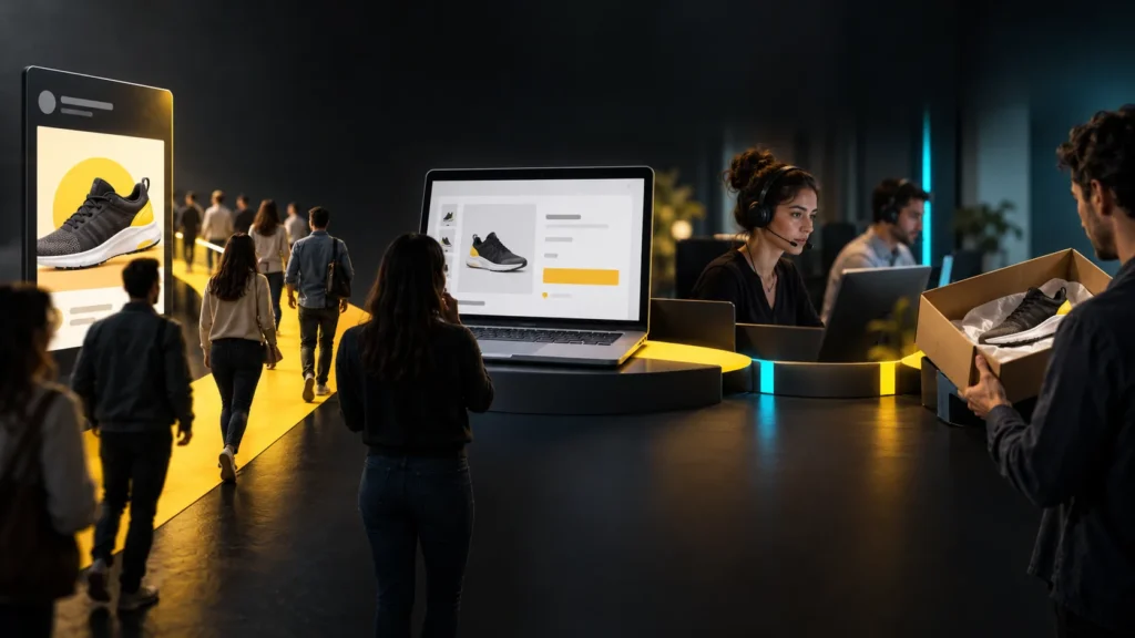 Personas avanzan desde un anuncio de producto hacia una tienda online, atención y preparación de paquetes