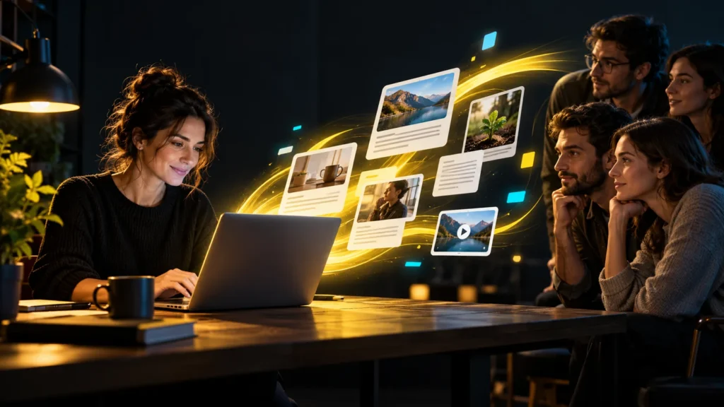 Una persona produce contenido en su computadora mientras otras observan piezas de texto, imagen y video