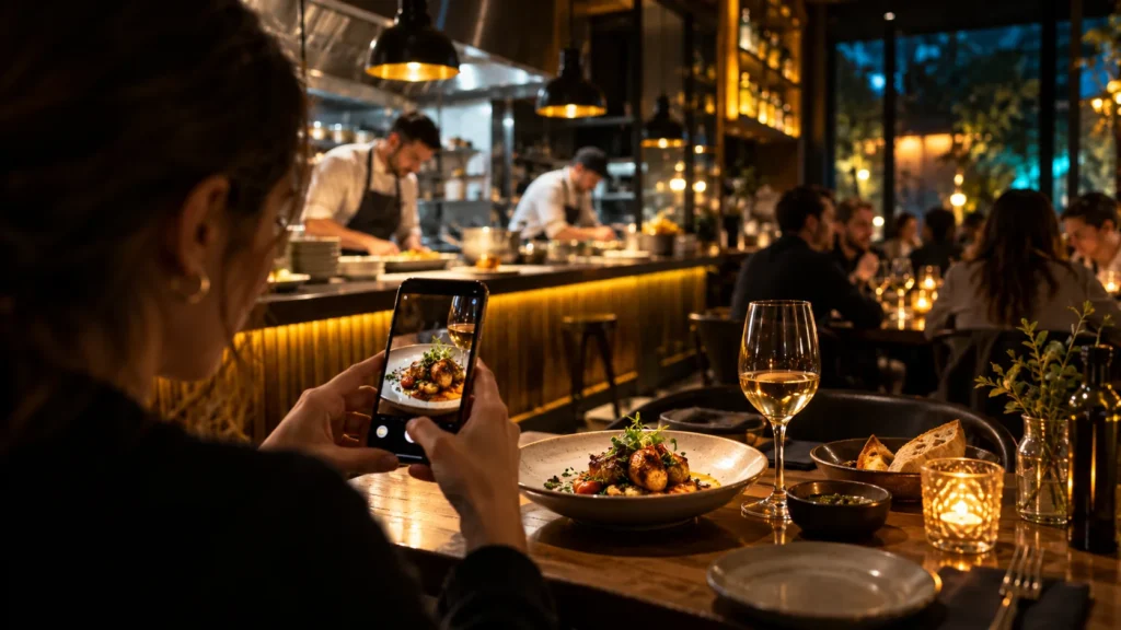 Una persona fotografía su plato con el teléfono en un restaurante con cocina y comensales al fondo