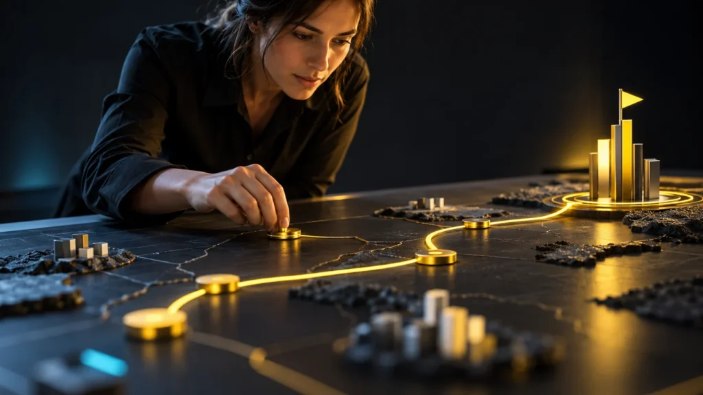 Una persona organiza un camino luminoso sobre una maqueta conceptual con hitos y una meta