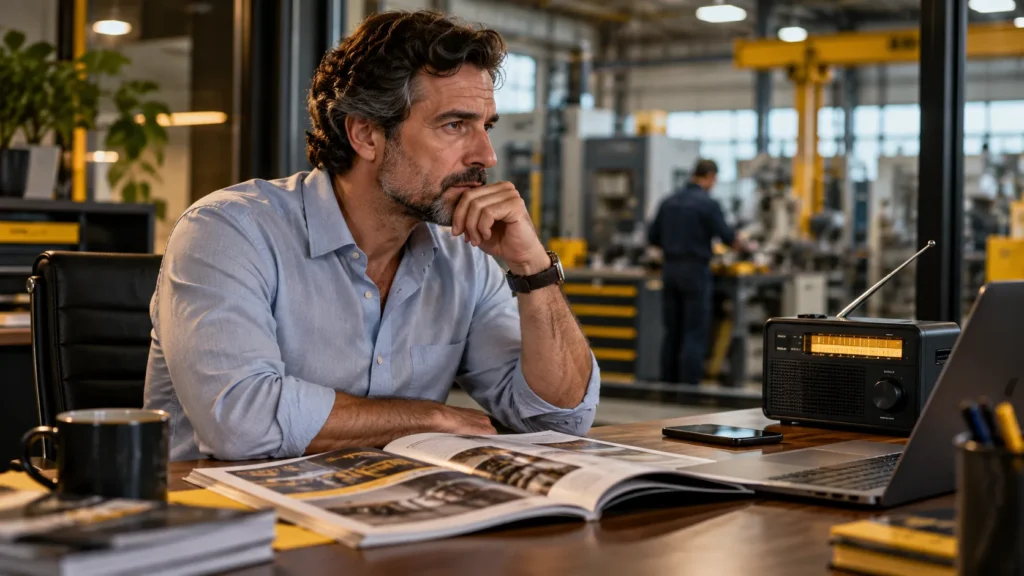 Responsable de una empresa industrial escuchando una entrevista junto a una revista sectorial