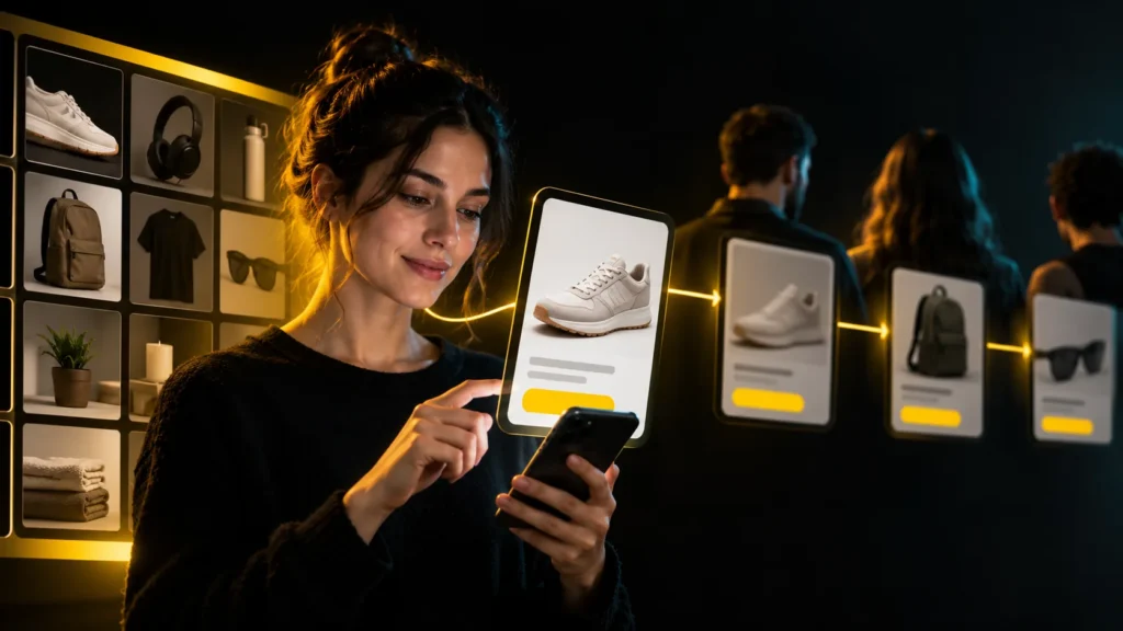 Una persona consulta su teléfono frente a tarjetas de productos y un catálogo de artículos