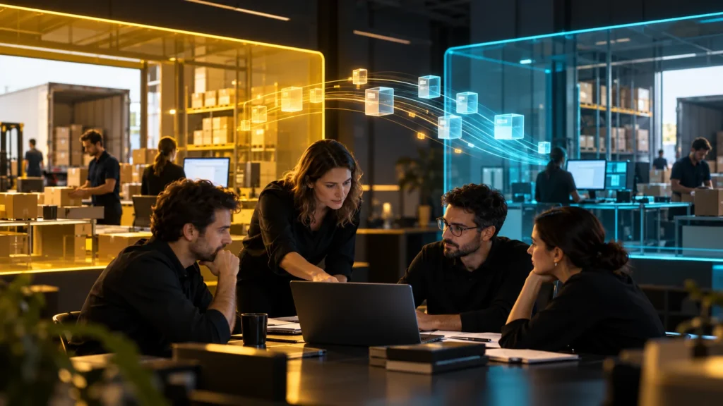 Un equipo revisa una computadora mientras módulos de información conectan dos áreas de operación