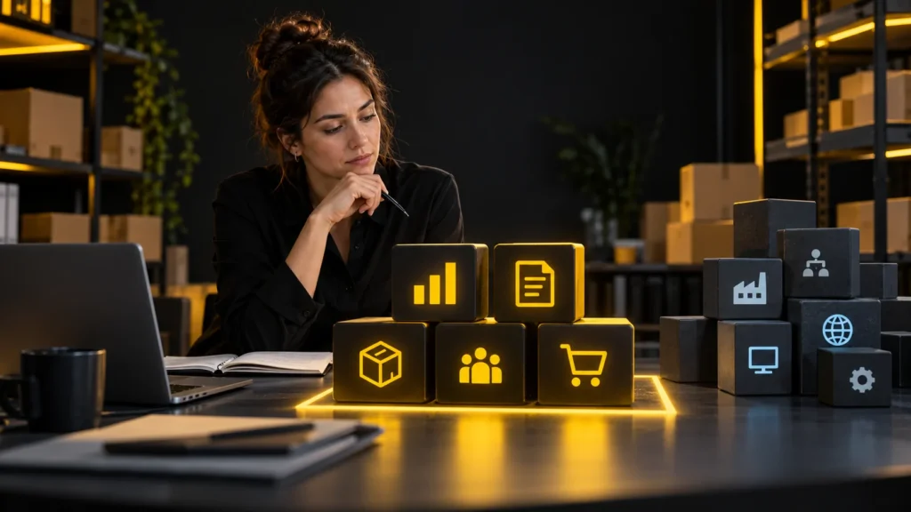 Una persona organiza módulos de ventas, clientes, inventario, documentos y análisis junto a funciones adicionales