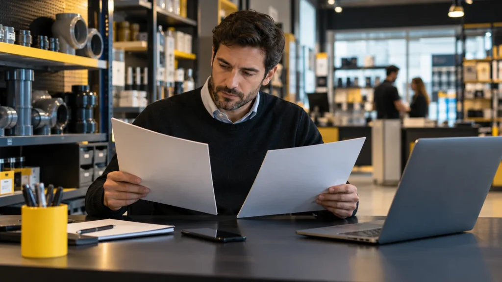 Profesional revisando una propuesta comercial en una computadora con una carpeta amarilla