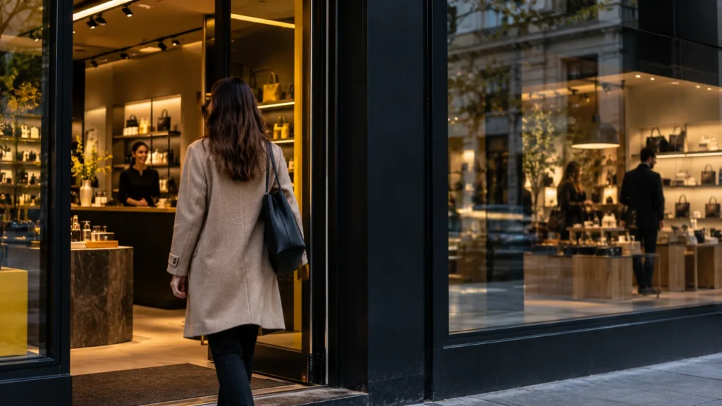 Persona entrando a una sucursal comercial con otro local reflejado en el vidrio