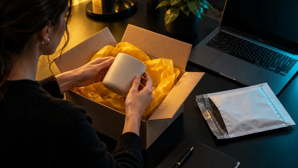 Persona adulta abriendo un paquete junto a una computadora con una tienda sin marcas visibles