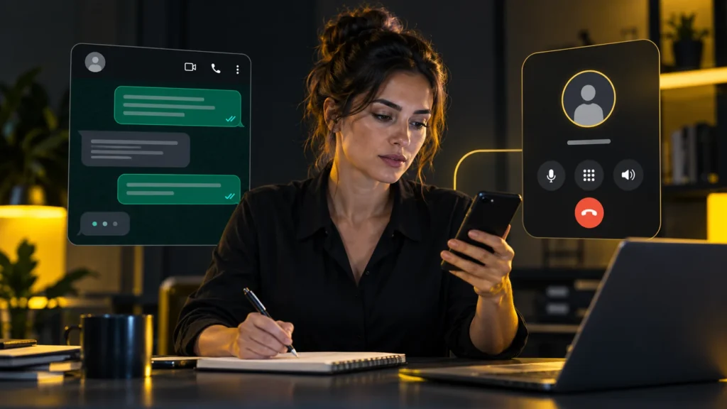 Una persona toma notas mientras mira un teléfono, con representaciones de mensajes y una llamada a los lados