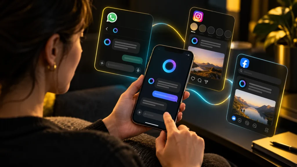 Una persona usa su teléfono junto a representaciones ilustrativas de WhatsApp, Instagram y Facebook con un asistente