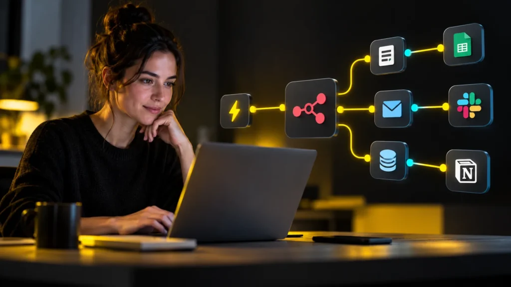 Una persona trabaja ante nodos conectados de documentos, correo, datos y aplicaciones