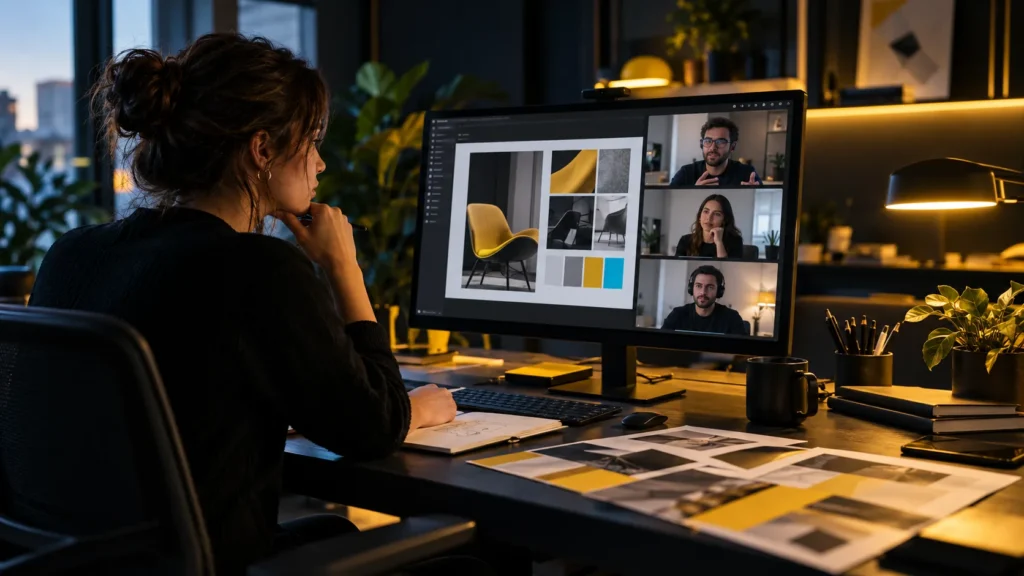 Una persona revisa una composición de diseño durante una videollamada con otras personas