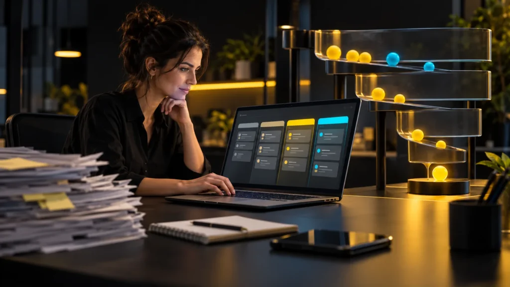 Una persona usa un tablero de oportunidades en su computadora junto a una secuencia conceptual de etapas y esferas