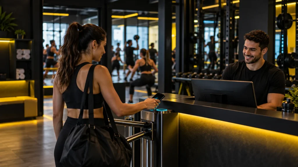 Una persona con bolso deportivo usa su teléfono frente a un mostrador de recepción de un gimnasio