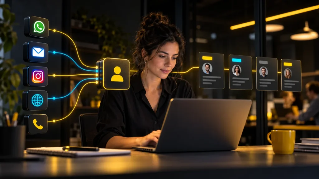 Una persona usa una computadora mientras símbolos de canales de contacto convergen en fichas de clientes