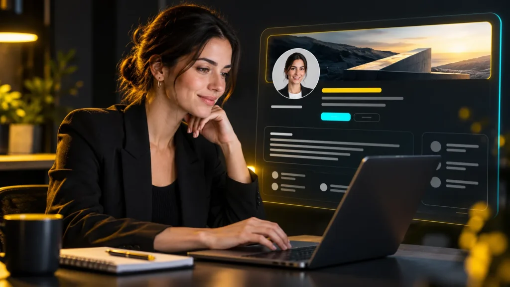 Una persona usa su computadora junto a una representación de perfil con fotografía, portada y campos de información