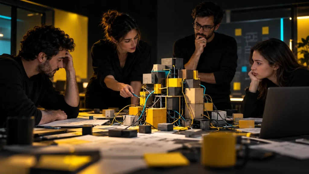 Un equipo revisa una estructura de módulos y conexiones desordenadas sobre una mesa con documentos