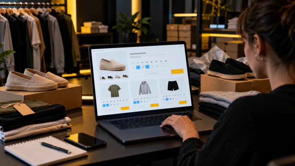 Una persona consulta un catálogo de ropa y calzado en una computadora, con prendas y zapatos sobre la mesa