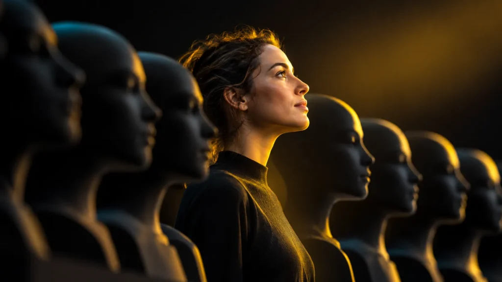 Una persona iluminada en amarillo se distingue entre varios perfiles oscuros alineados