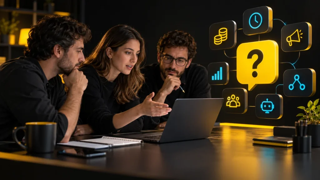 Tres personas conversan ante una computadora junto a un signo de pregunta y símbolos de inversión, tiempo, canales y medición