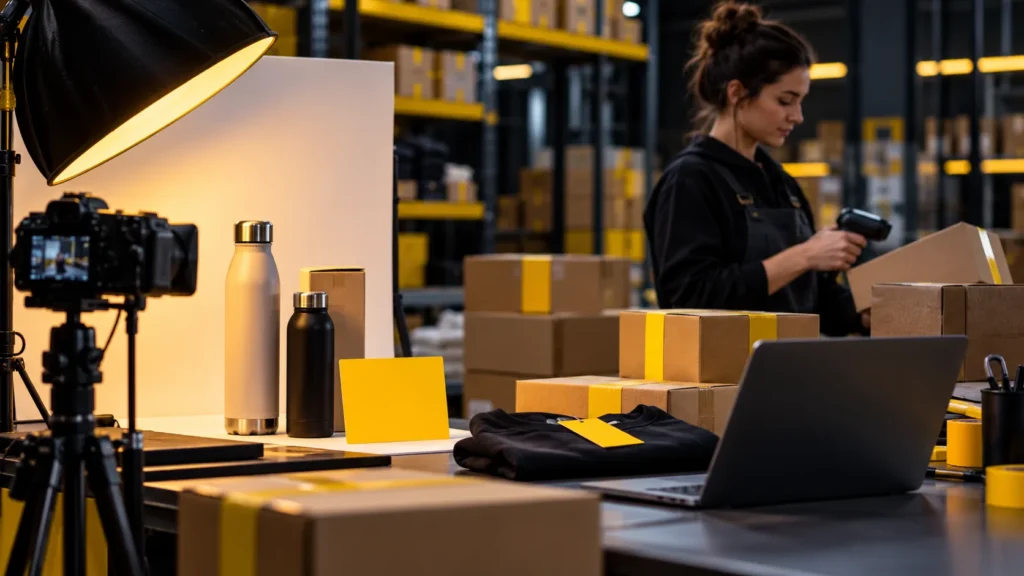 Productos, cámara y cajas de pedidos junto a una persona que controla el stock en un depósito