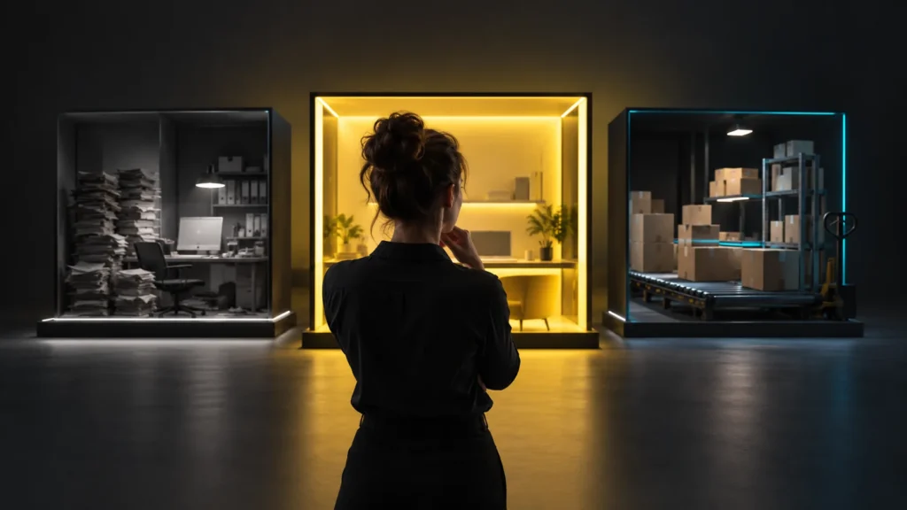 Una persona observa tres vitrinas conceptuales y una de ellas se destaca con luz amarilla