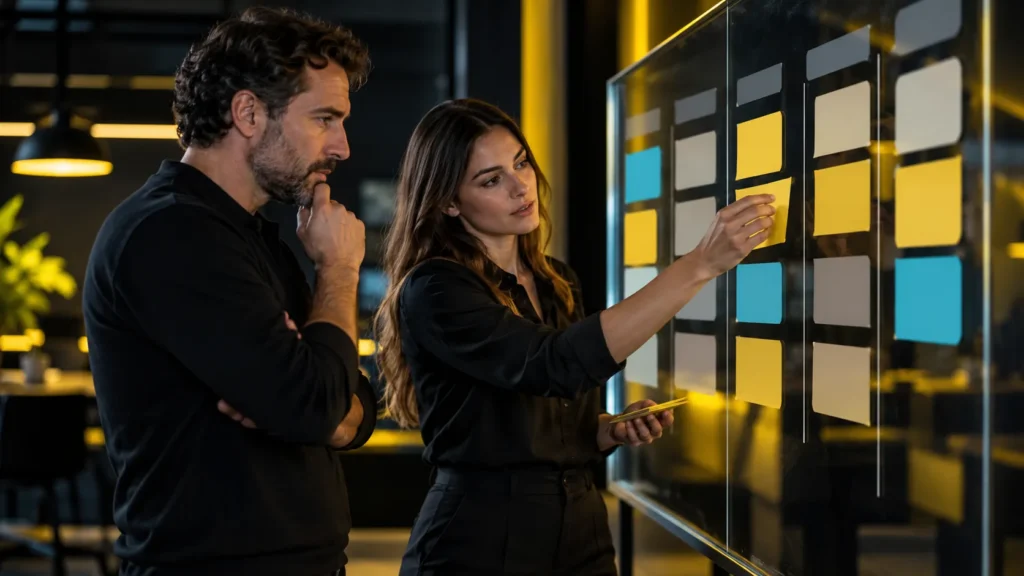 Dos profesionales adultos revisando etapas comerciales sobre un panel de tarjetas amarillas y cian