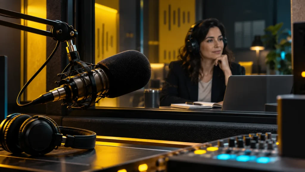 Micrófono de estudio de radio con una persona detrás del vidrio y un panel acústico amarillo