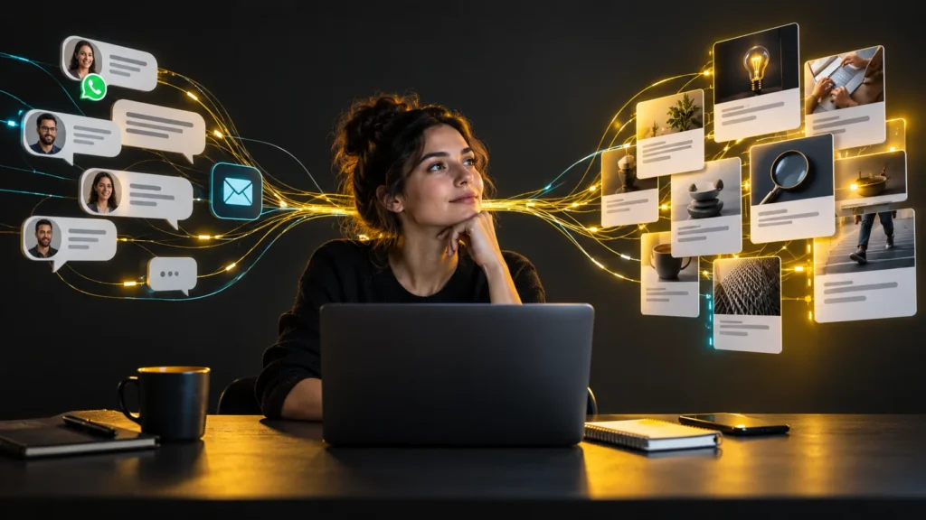 Una persona frente a una computadora conecta mensajes recibidos con tarjetas de ideas y publicaciones