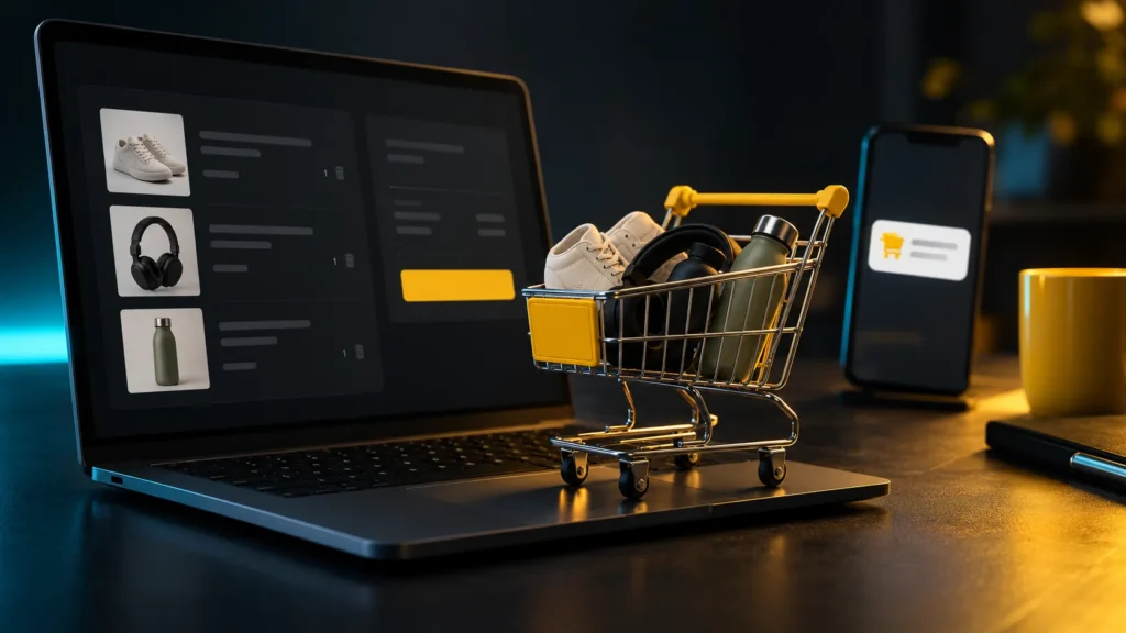 Un carrito pequeño con productos aparece frente a una computadora y un teléfono con una notificación