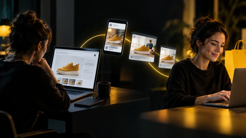 Dos personas usan computadoras junto a tarjetas de un mismo producto en diferentes pantallas