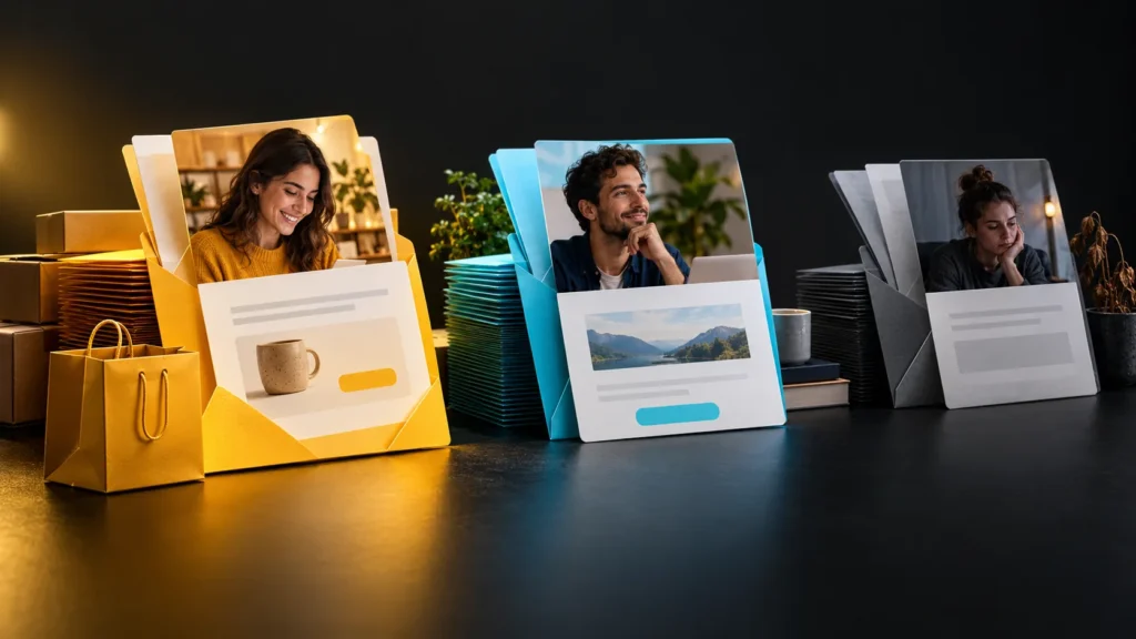 Tres grupos de tarjetas de correo con perfiles y contenidos diferentes sobre una mesa oscura