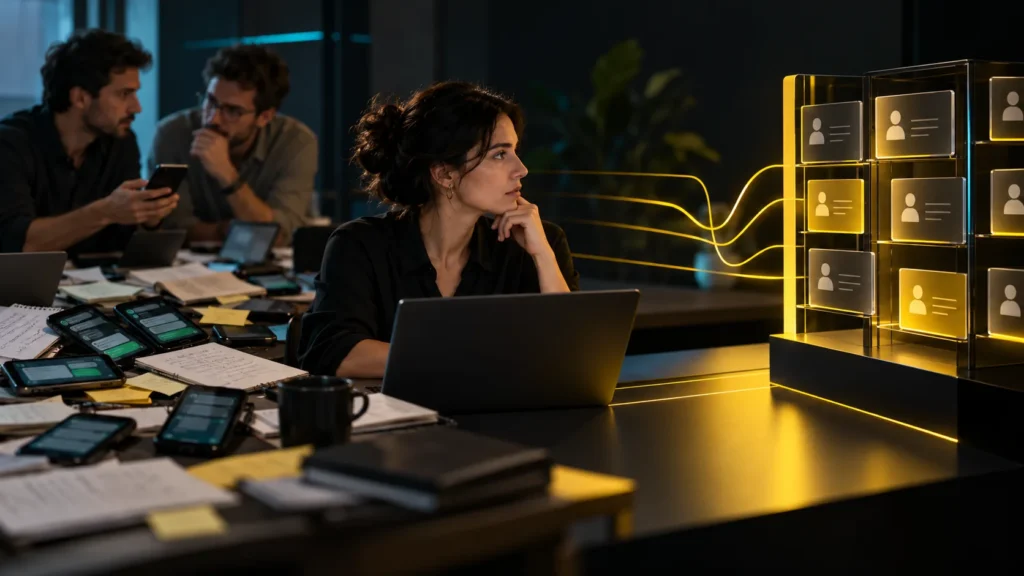 Una persona trabaja entre teléfonos y papeles frente a un panel conceptual de fichas de clientes ordenadas