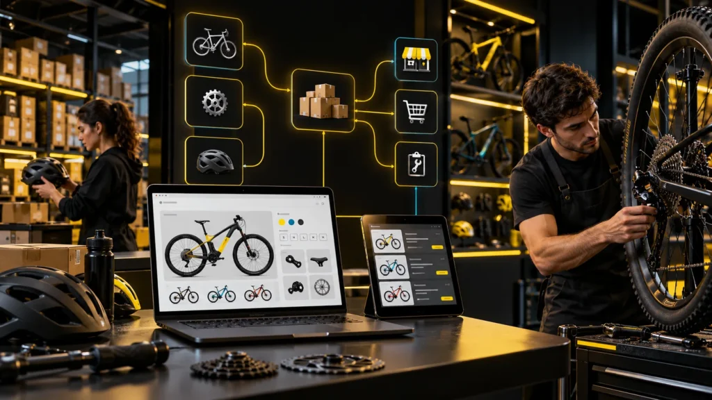 Computadoras con catálogos de bicicletas frente a un taller con un mecánico y repuestos