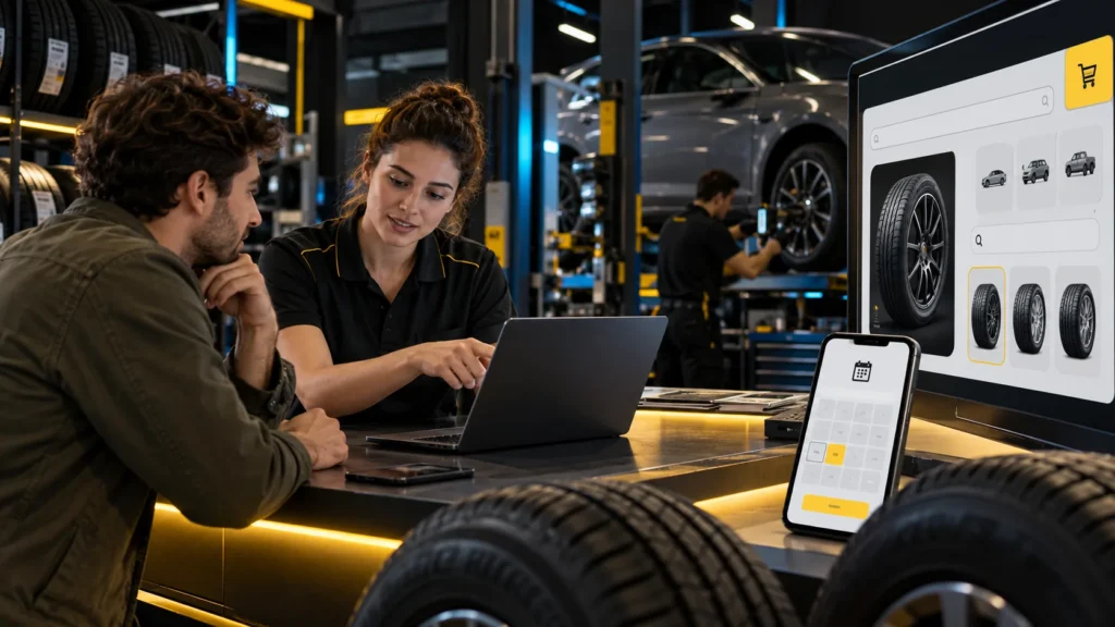 Dos personas consultan una computadora junto a neumáticos, un catálogo digital y un taller de vehículos