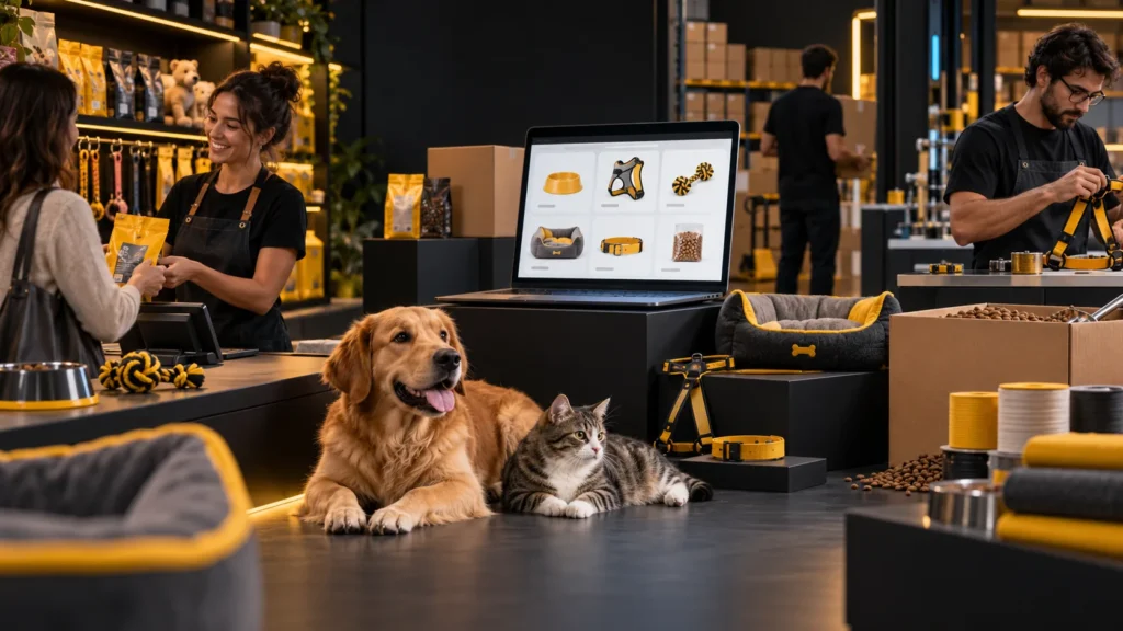 Perro y gato sobre un mostrador con accesorios, una computadora y personas trabajando en una tienda