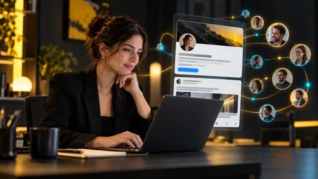Una persona consulta una computadora junto a una representación de una red de perfiles profesionales
