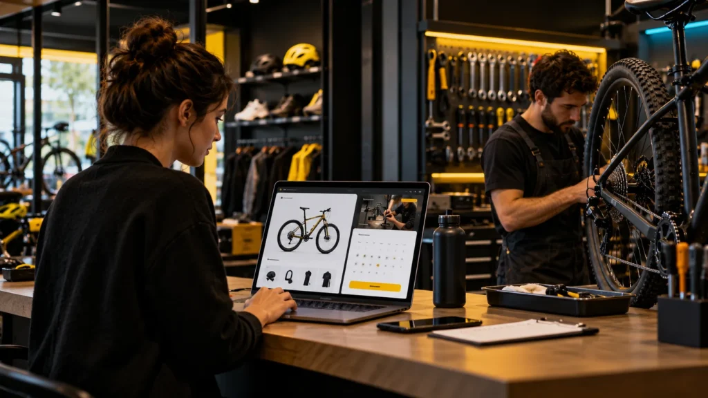 Una persona consulta un catálogo de bicicletas en una computadora mientras un mecánico trabaja en el taller