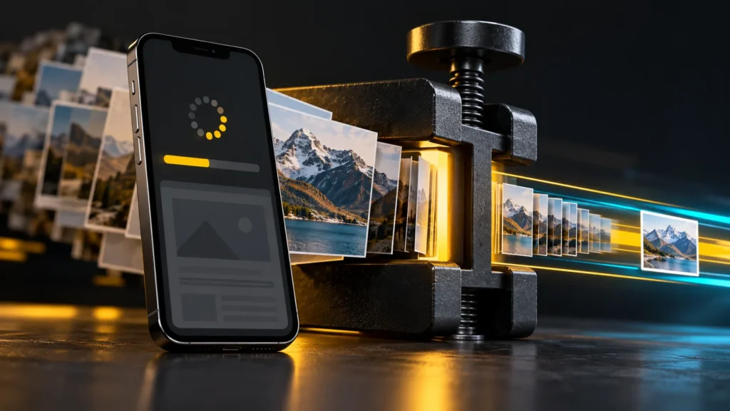Una prensa reduce una secuencia de fotografías junto a un teléfono con una señal de carga