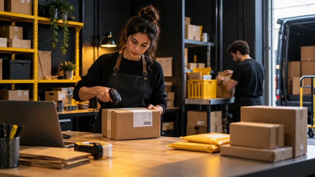 Persona preparando una caja para su despacho en una mesa de un depósito organizado